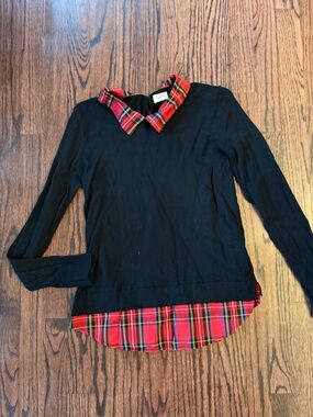 J. Crew Black Pullover with Red Plaid Collar and Hem